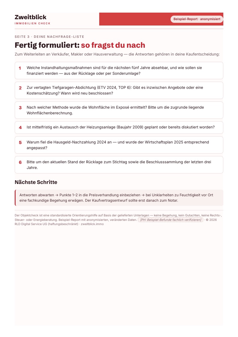 Beispiel-Report Seite 3: Fertig formulierte Nachfrage-Liste